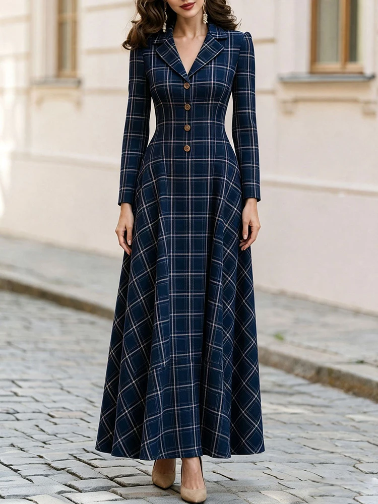 Turn-Down Collar Simple Buttons Dress, Women Spring Autumn Long Sleeve Retro Print Dress, New Fashion Office Chic Ladies Dresses