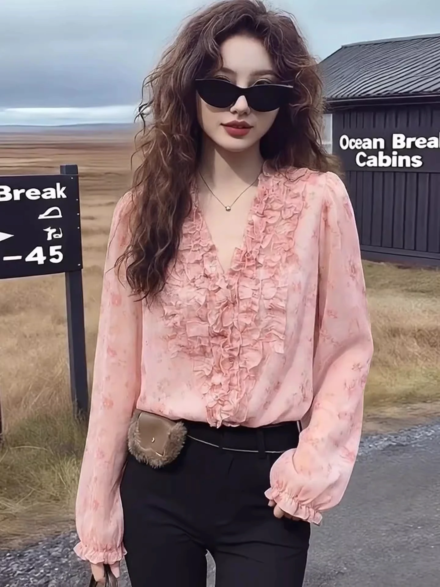 Pink Korean Style Casual Floral Print V-Neck Long Sleeve Women's Shirt Summer New Loose Versatile Top with Gathers