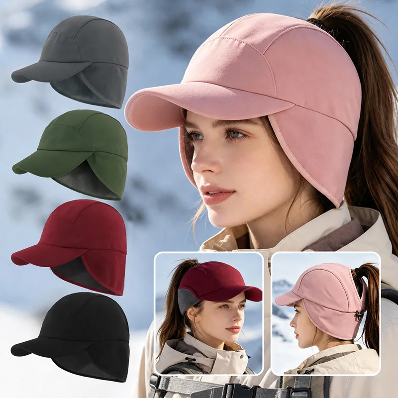 Women Winter Baseball Cap with Ear Flaps Warm Woman Ponytail Hats Adjustable Fleece Lined Outdoor Sports Cap for Running Hiking