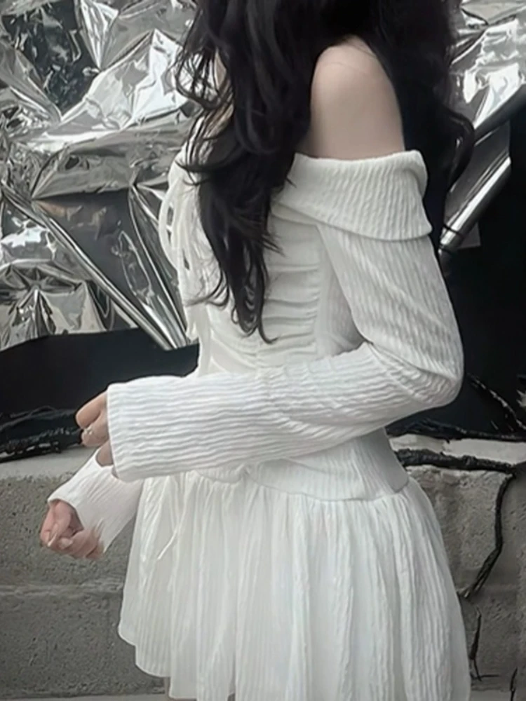 Pure Desire French Style Dress Bow One-Shoulder A-Line Long Sleeve Slimming Hot Smocked Waist Mini Slimming Elegant Dress