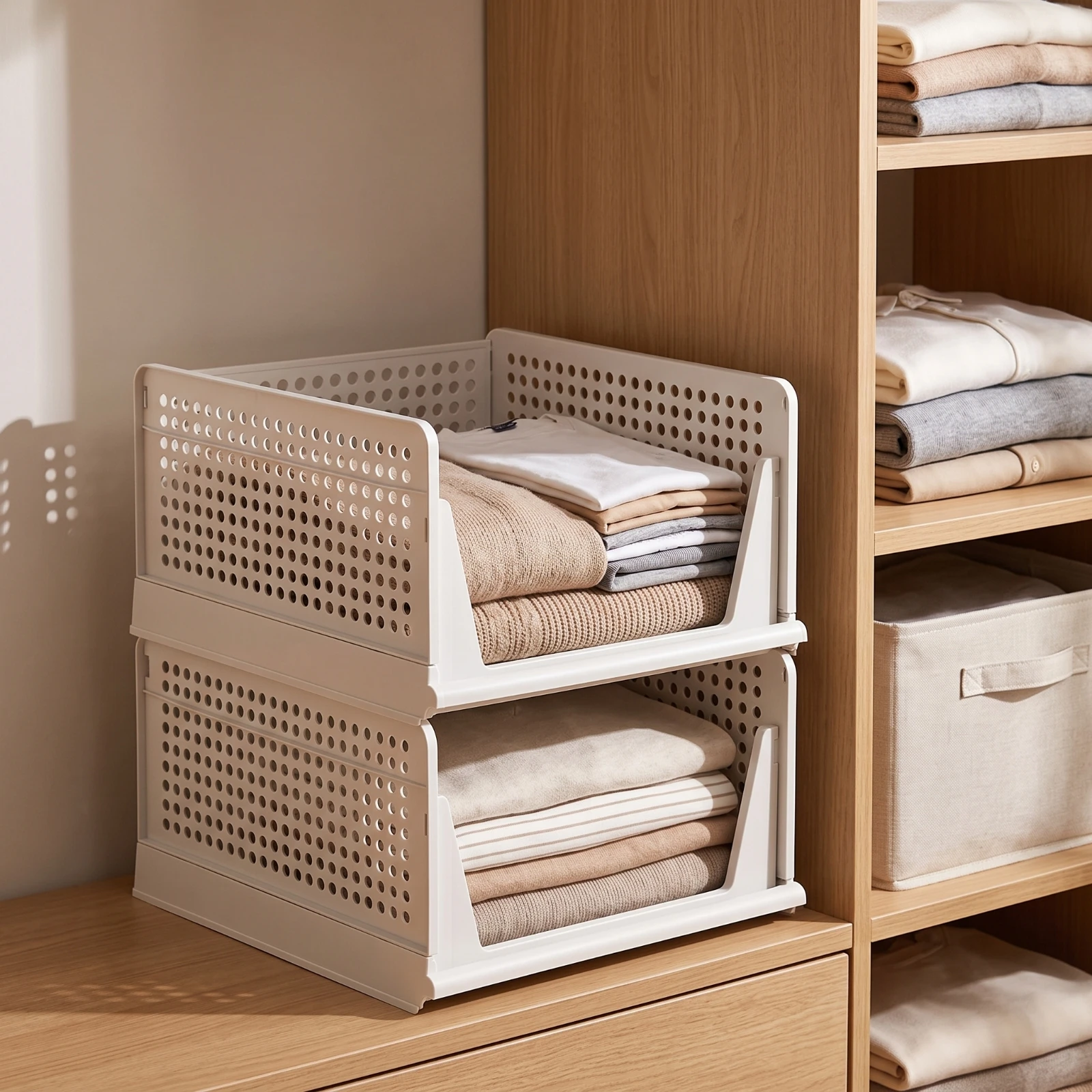 Closet Basket with Drawer Foldable Stackable Storage Shelf Drawer Organizer Pull-out Storage Container Plastic for Wardrobe