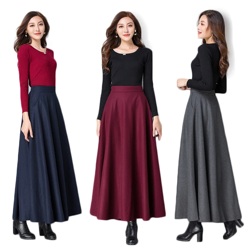 

Women New 2024 Autumn Winter Korean Style Long A Line Thick Warm Woolen Skirts Female 3XL Loose Wool Blends Skirts F22