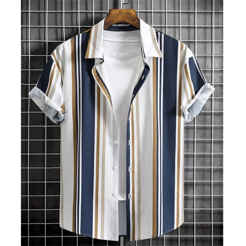 Hawaiian Striped Printed Men's Summer Shirt Fashionable Short Sleeved Top Casual Social Lapel Button Plus Size Clothing Shirt