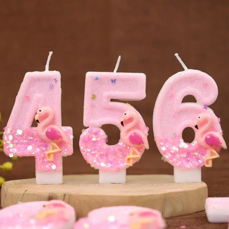 Pink Glitter Birthday Number Candles Flamingos 1 Year Baby Birthday Cake DecorationsBirthday Candle Pink Creative Girl Party