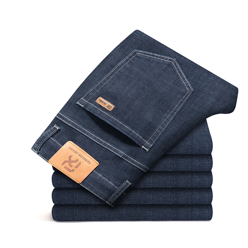 Classic Style Autumn Men's Loose Straight Business Jeans Solid Color Smooth Fabric Denim Stretch Pants Male Brand Clothes Blue