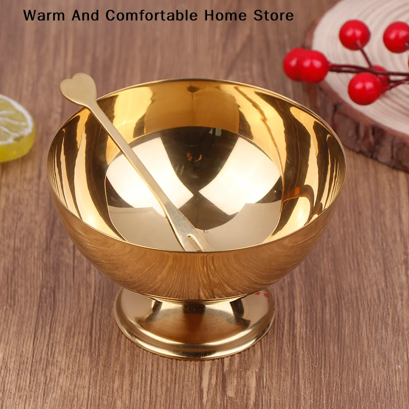 【SE】Gold Stainless Steel Dessert Cup Ice Cream Cups Salad Goblet Retro Bowl with Fork for Fruit Yogurt Snack Dish Bar Dinnerware