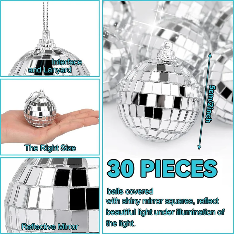 30 PCS Disco Mirror Balls 2 Inches Reflective Mirror Ball Hanging Ball for Christmas Tree Party Home Decorations