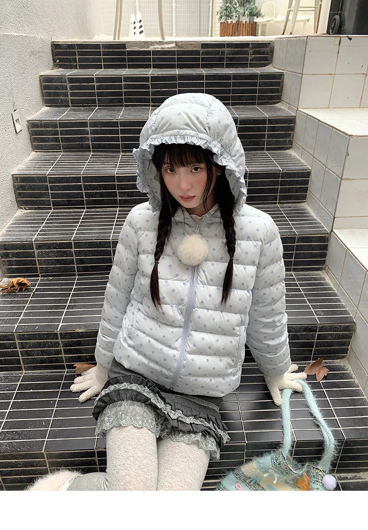 Korean Cropped Polka Dot Hooded Cotton-padded Jacket Women Zip Up Casual Winter Warm Outerwear Woman Sweet Cute Puffer Jackets
