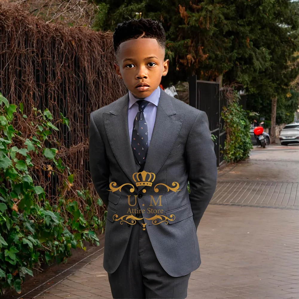 

Formal boy's suit 3pcs set gray peak lapel jacket vest pants slim fit attire for wedding pageboy school ball custom kids tuxedo