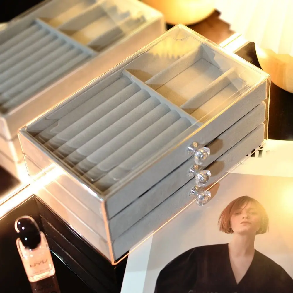 

3-уровневая шкатулка для хранения ювелирных изделий, пыленепроницаемая квадратная фланелевая шкатулка для драгоценностей, прозрачная пластиковая шкатулка для хранения ювелирных изделий с тремя ящиками