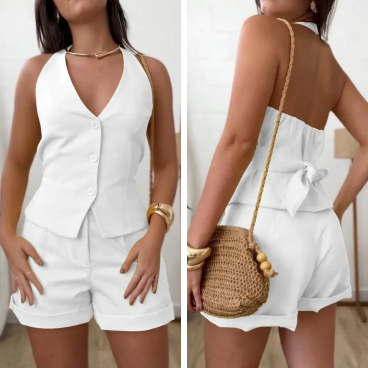 

Women Shorts Pant Set Two Piece Sets V Neck Sleeveless Vest Sexy Short Pants High Waist Y2k Streetwear Elegant Work Casual 2026