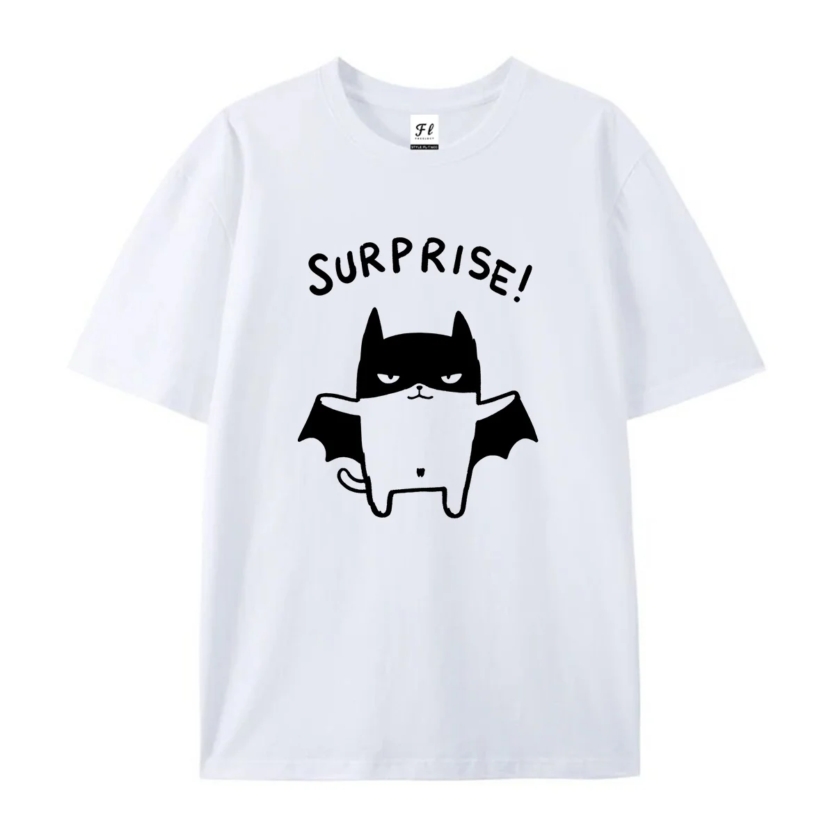 Men Short Sleeve T Shirt Surprise Cute Cartoon Bat Cat Graphic Tee Gift Funny Hand Drawn Animal Oversized Crew Neck Casual Top
