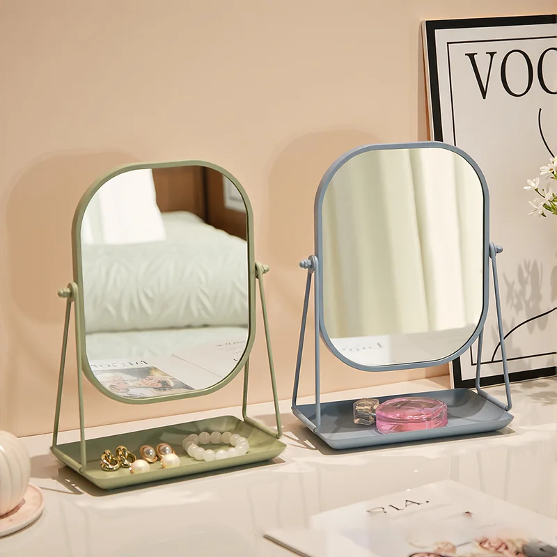 Metal Makeup Mirror with Storage Shelf - HD Desktop Vanity Mirror with Organizer Tray for Cosmetics & Jewelry