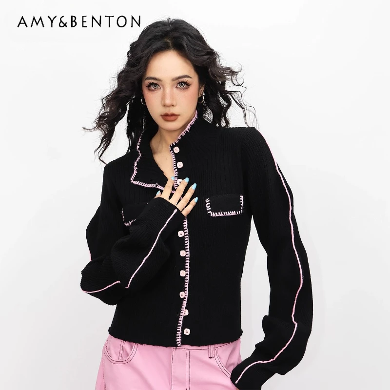 

2025 Autumn New Color-Block High-Neck Women's Sweaters Top American Retro Design Warm Slimming Knitted Cardigan Coats Ladies