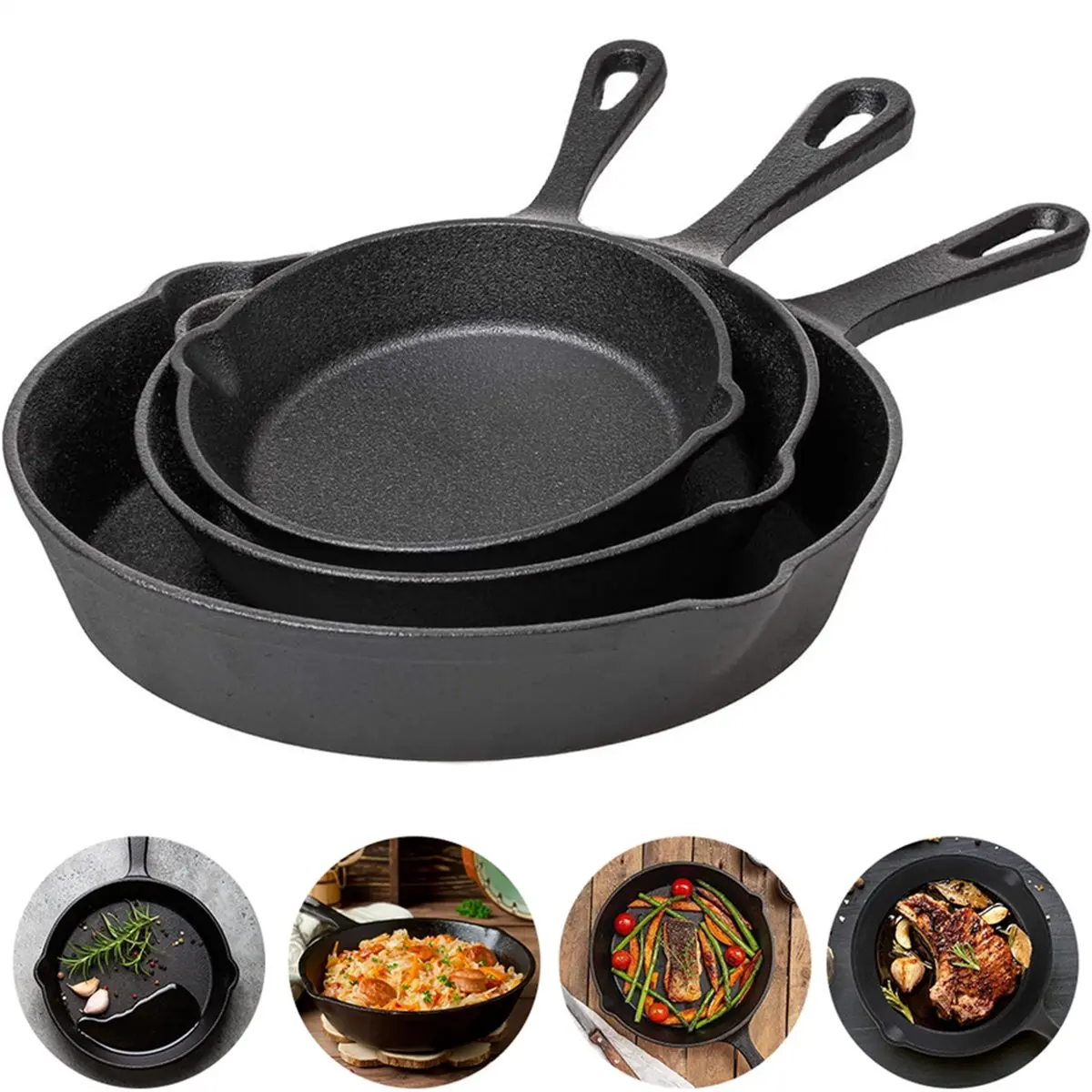 A67T NEW 3pc Frying Pan Cast Iron Uncoated for Food Frying, Cooking and Stir-Frying Non-Stick Frying Pans Omelette Pan