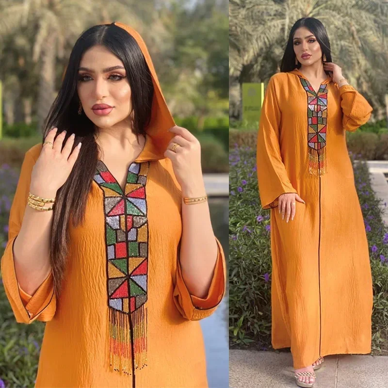 

Fashion Muslim Women Clothing Ethnic Orange Hooded Hijab Dress Moroccan Kaftan Dubai Turkey Arab Oman Robe Tassel 2023