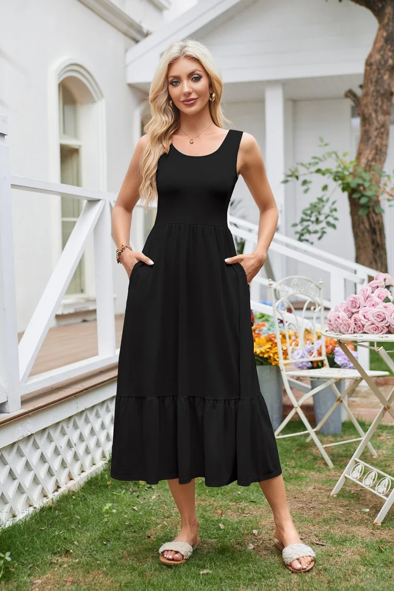2025 Dresses For Women Summer Casual Summer Beach Party Pleated Maxi Dress Women'S Square Neck Pleated Swing Dress With Pockets