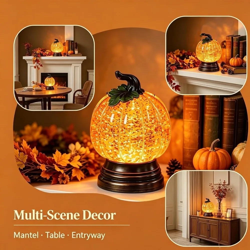 Resin Glitter Pumpkin Table Lamp Retro Creative Glowing Pumpkin Decorative Light Battery-Operated Warm Light Halloween Ornaments