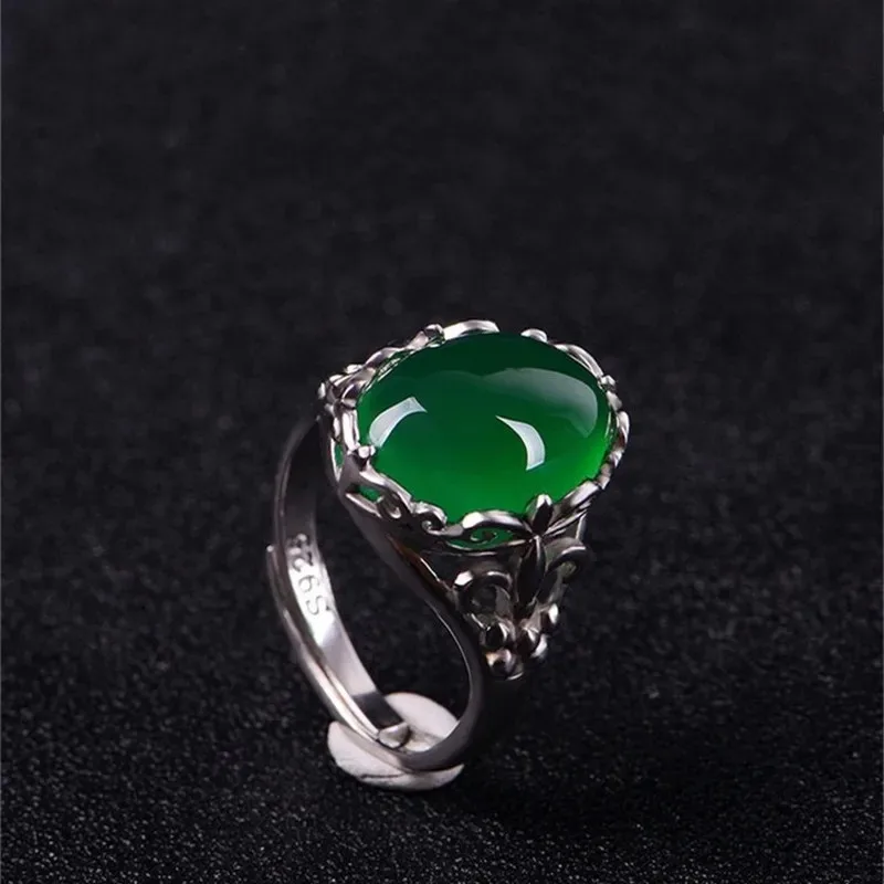 Natural Red Chalcedony Hand Carved Ring Fashion Jewelry 925 Silver Inlaid Agate Ring Opening Adjustable for Women