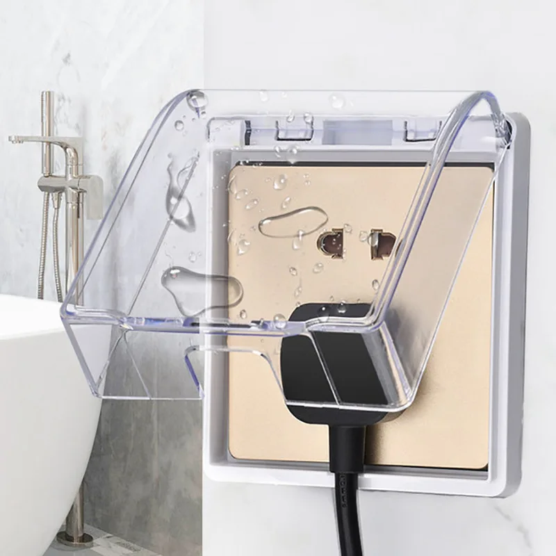 Splash-Proof 2-Port Socket Cover Box – Adhesive Mount, 86-Style Black, Protective Outlet Shield For Bathroom, Kitchen, Living Room