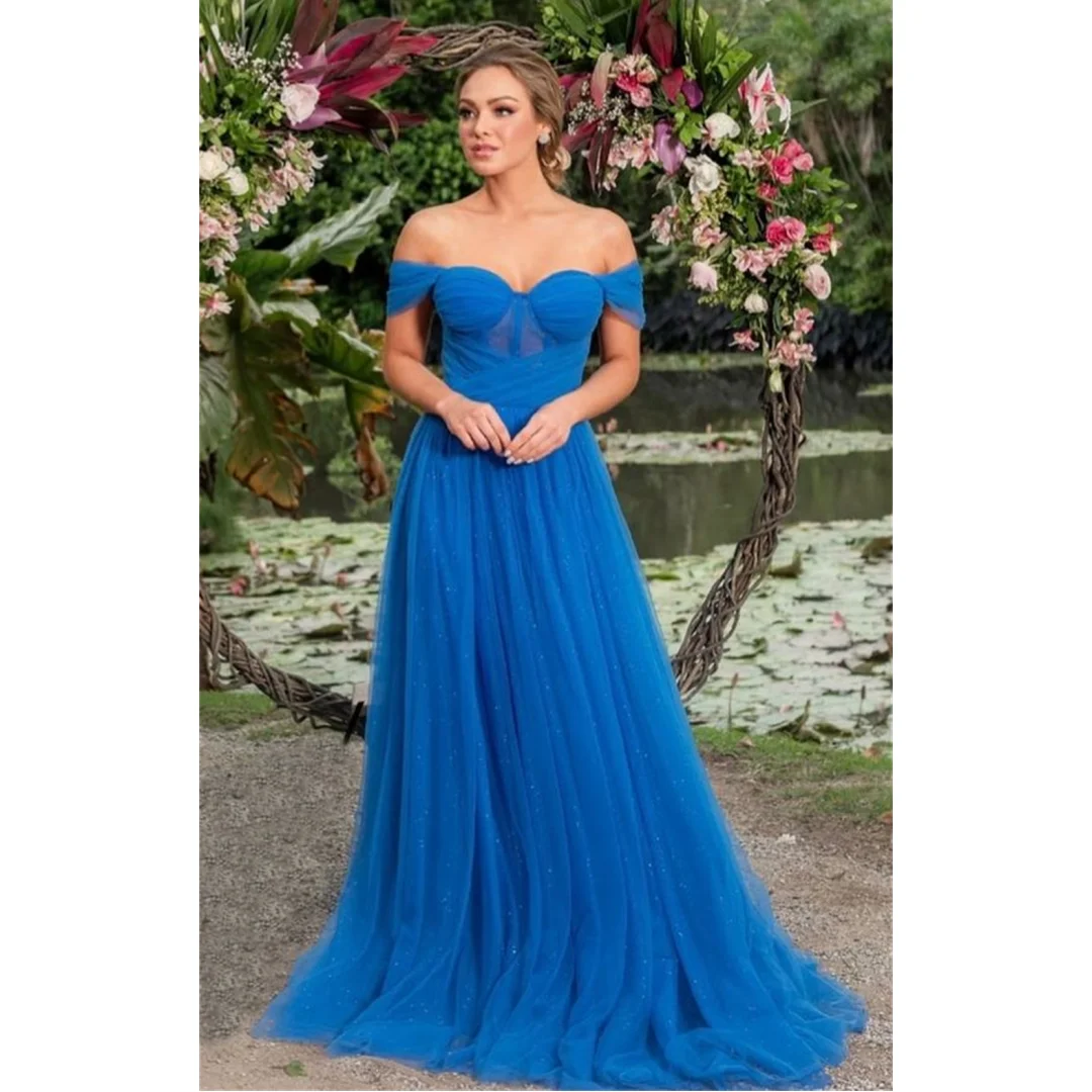 

Amanda Elegant Sapphire Blue Prom Dress 2023 Shiny فستان سهرة Sexy Off Shoulder Vestido De Novia Deep Sweet Tulle Prom Gown