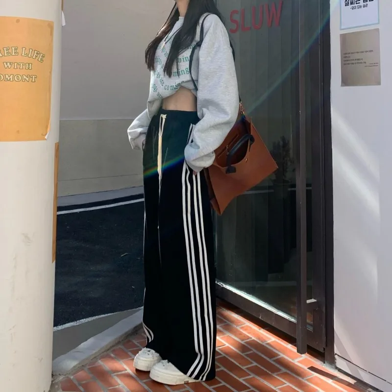 QWEEK Striped Sport Sweatpants for Women Black Harajuku Korean Fashion Casual Pants Hippie Streetwear Preppy Trousers Aesthetic