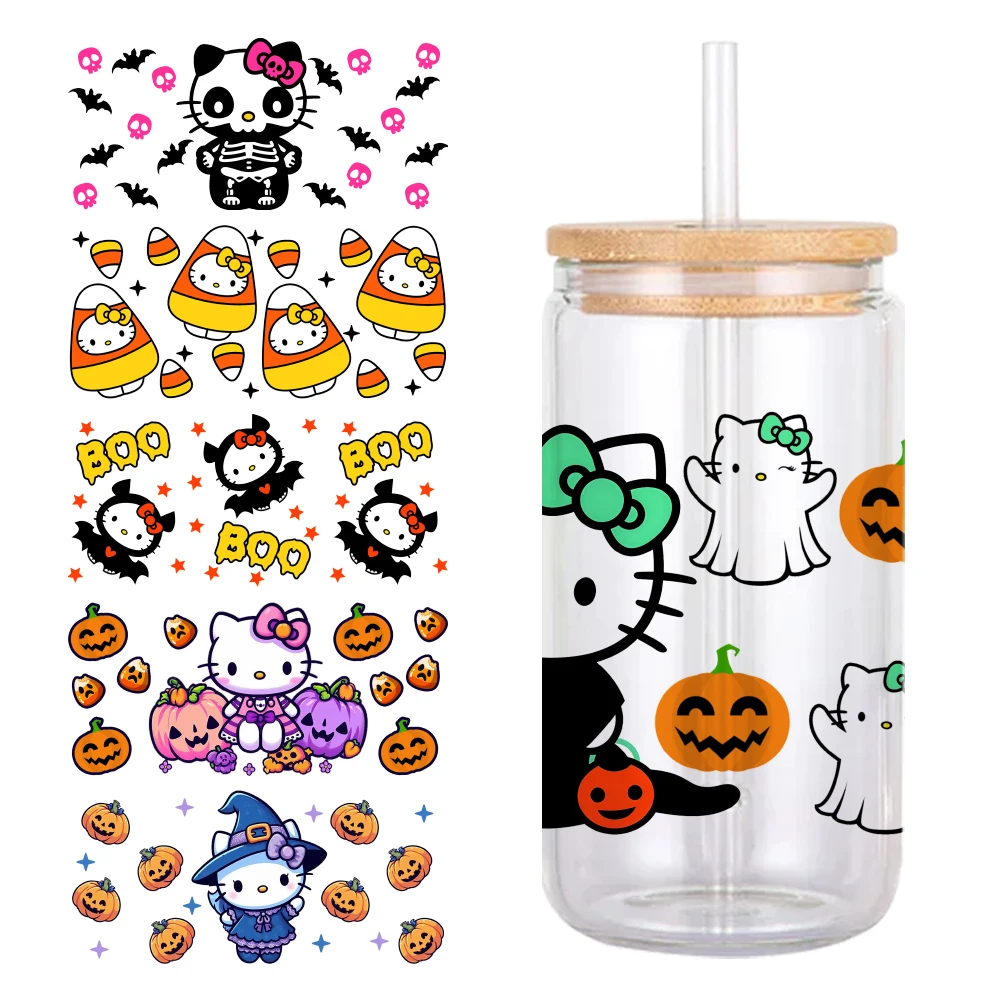 Halloween Ghost Sanrio Hello Kitty Skeletons Black Cat 11*24cm UV DTF Cup Sticker DIY For 16oz Glass Waterproof Decals Sticker