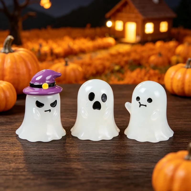 Halloween Luminous Pumpkin Figurine Mini PVC Resin LED Desktop Ghost Night Light Ornament Spooky Micro Landscape Glow Accessory