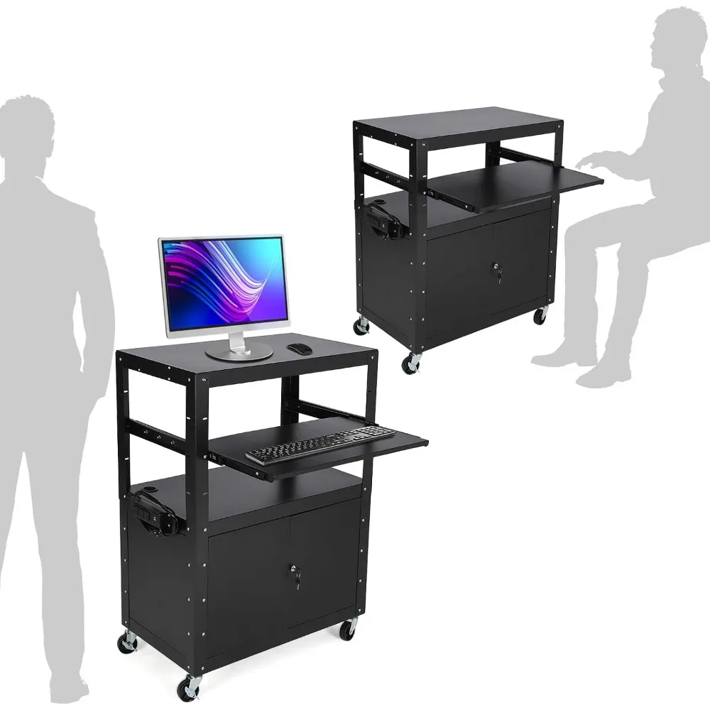 Adjustable Height AV Cart for Office Use Lockable Cabinet, Pullout Keyboard Tray, Sturdy Steel, Extra Storage, US Power Outlet, Rolling Utility Trolley – Without Extension Frame