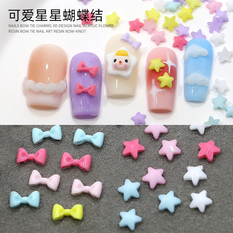 100PCS Mix Candy Color Lovely Mini Star Bow Resin Nail Art Rhinestones Decorations Manicure Ornaments Accessories