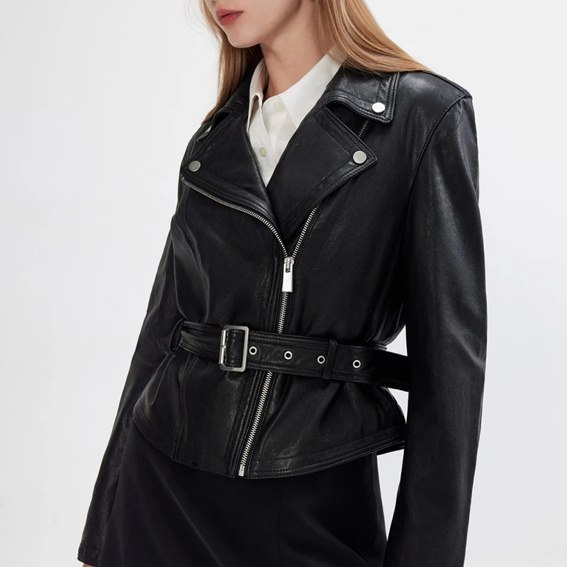 Veste en cuir véritable pour femme automne plante tannée peau de mouton noir/Cacao Moto Biker fermeture éclair mode sens ceinture mince Chaquetas