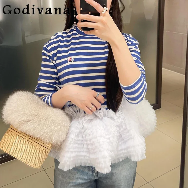 2025 New Japanese Girls Sweet Mesh Patchwork Long Sleeve T-Shirt Spring Autumn New Girls Women Daily Basic Casual Cotton Tops