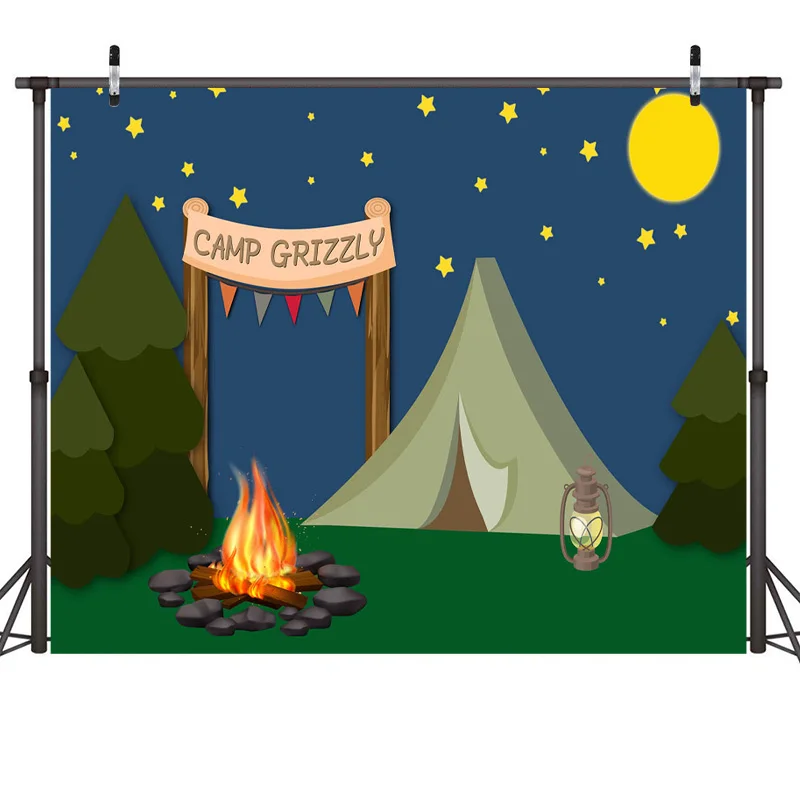 Cartoon Camping Backdrop Outdoor Campfire Tent Camping Theme Party Backdrop Pine Trees Scenery Full Moon Night View Background