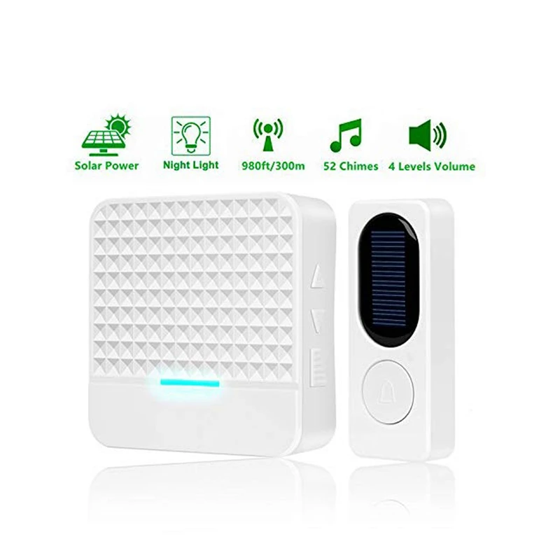 Campainha sem fio completa com luz noturna led, campainha de porta solar, kit de carrilhão à prova d'água, sem necessidade de baterias, painel remoto push bu