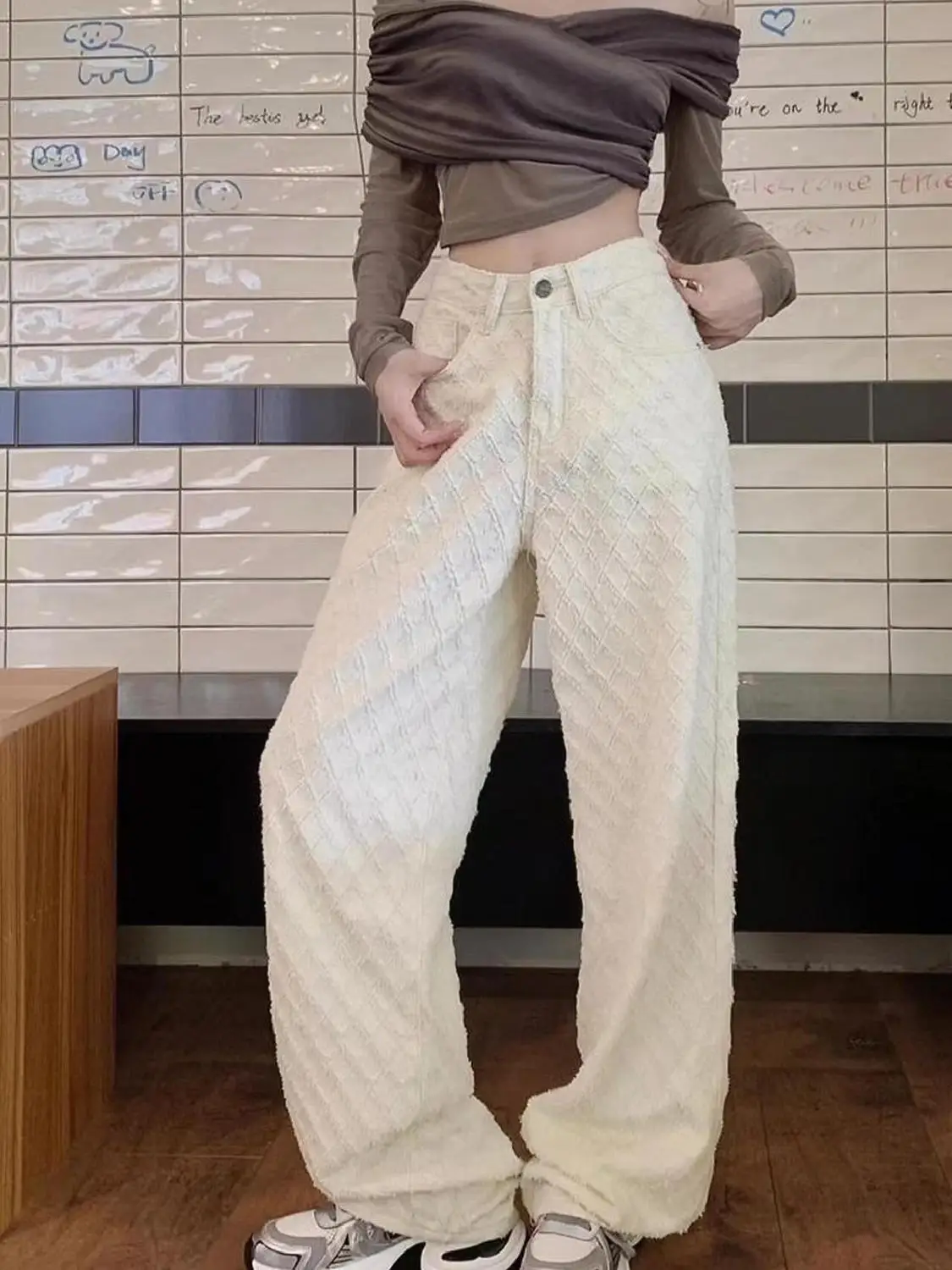 

Loose Straight Jacquard Denim Women'S New Niche Design Style High Waist Slim Wide-Leg Pants Floor Trousers