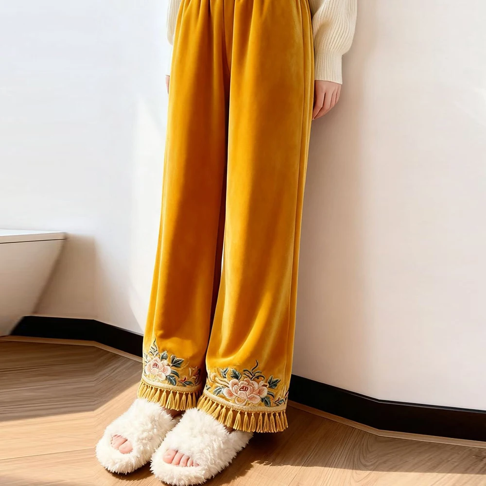 Winter 2025 new fashion and comfort new Chinese style casual fringed velvet wide-leg velvet thickened trousers