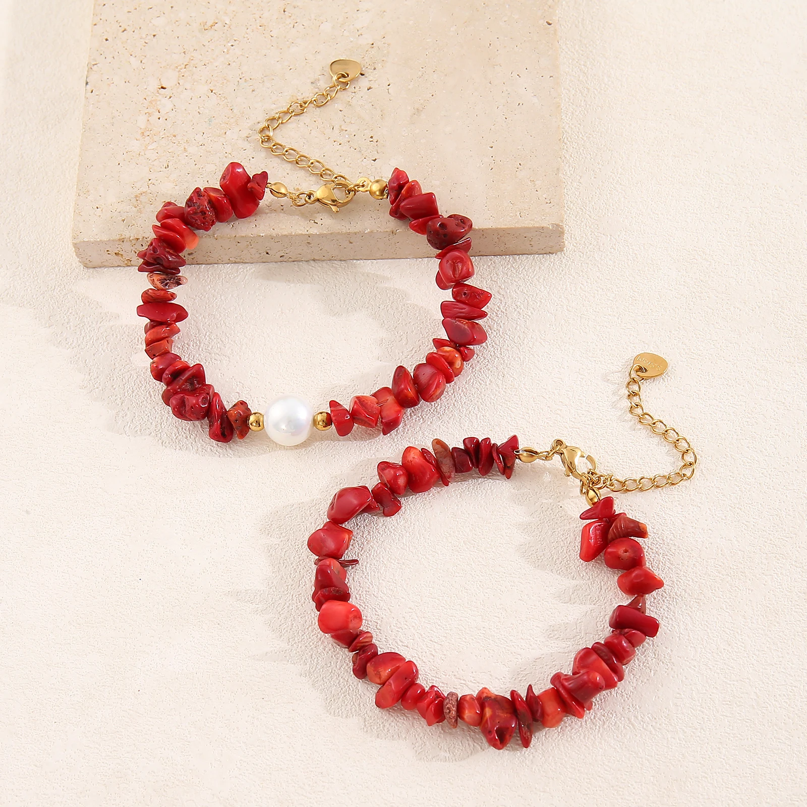 Red Coral Gravel Pearl Bead Women\'s Bracelet Stainless Steel Adjustable Handmade Gold Plated Bracelet Couple Friendship Jewelry