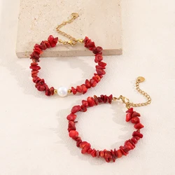 Red Coral Gravel Pearl Bead Bracelet for Women Stainless Steel Adjustable Gold Plated Chain Bangle Couple Friendship Jewelry