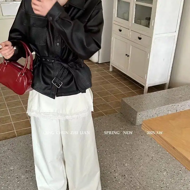 유럽 스타일 라펠 PU 가죽 재킷 여성 2025 봄 슬림핏 허리 지퍼 긴팔 코트 한국 패션 아우터