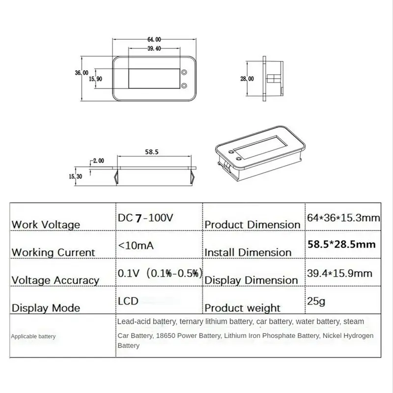 ABHX-7-100V Digital Battery Capacity Tester Battery Monitor Voltage Temperature Switch Meter For Car Ships
