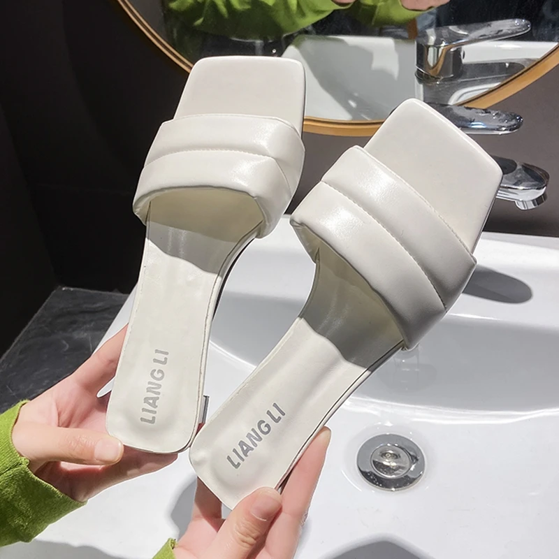 Brand Designer Solid Slippers Women Candy Color Strange Mid High Heel Sandals Female Flip Flops Peep Toe Slides Zapatos De Mujer