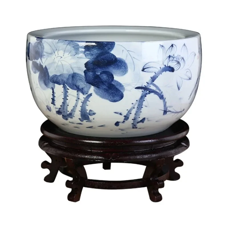 Ceramic fish tank fish turtle tank fish pot household living room blue and white porcelain extra large lotus water lily tank