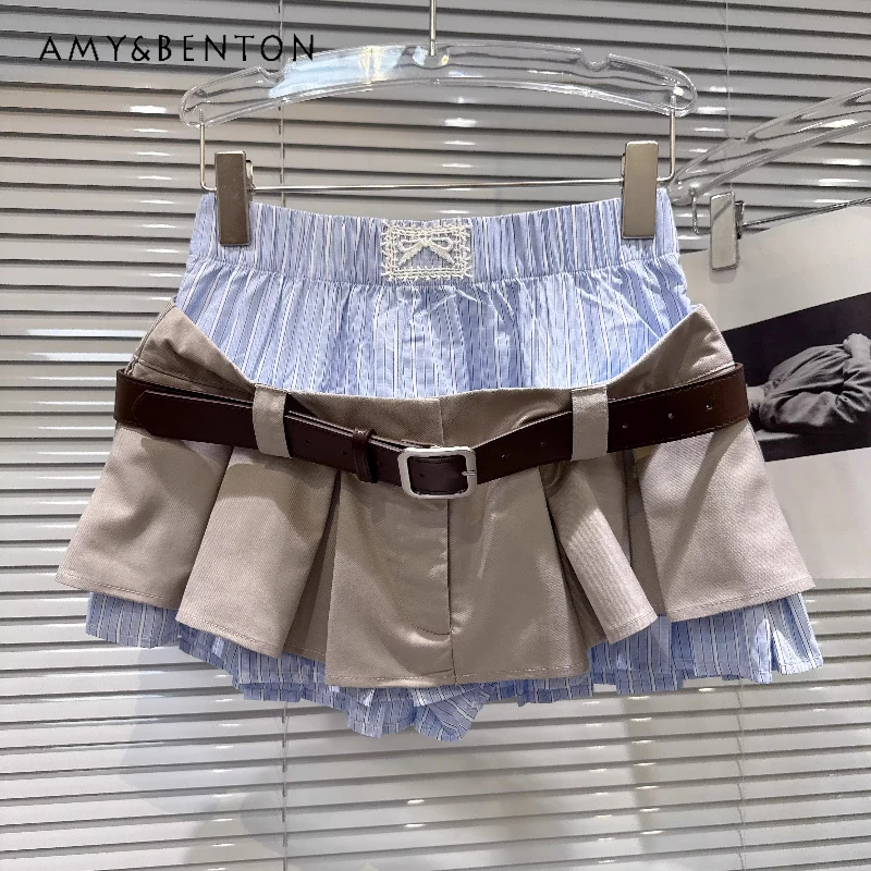 

Women's Preppy Style Short Skirt 2026 New Hot Girl Fake Two-piece Design Fashion Belt Reduce Age Versatile Pleated Skirts Ladies