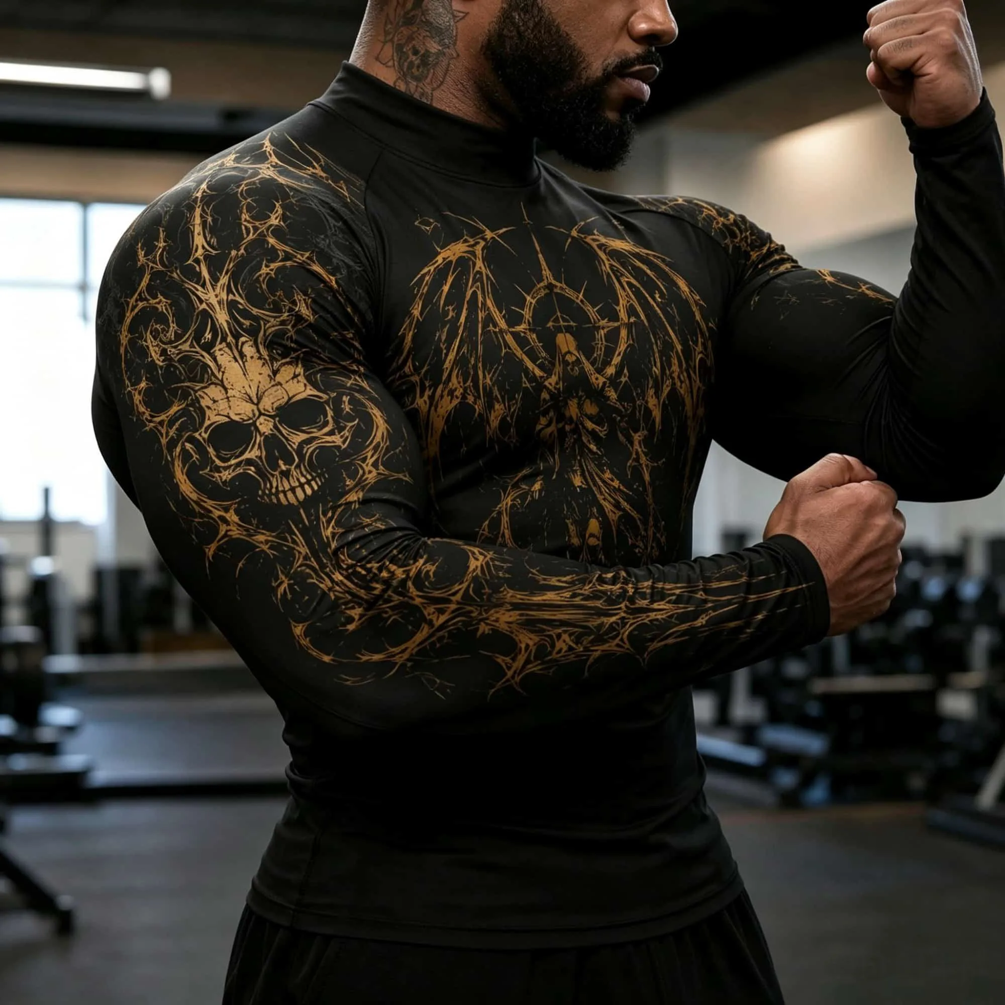 Amerikanisches Street-Style Schnelltrocknendes Sportliches Herren-Langarmshirt mit Stehkragen, dunklem Gothic-Engel-Print, hautengesportliches Oberteil für das Fitnessstudio. – Detail 4