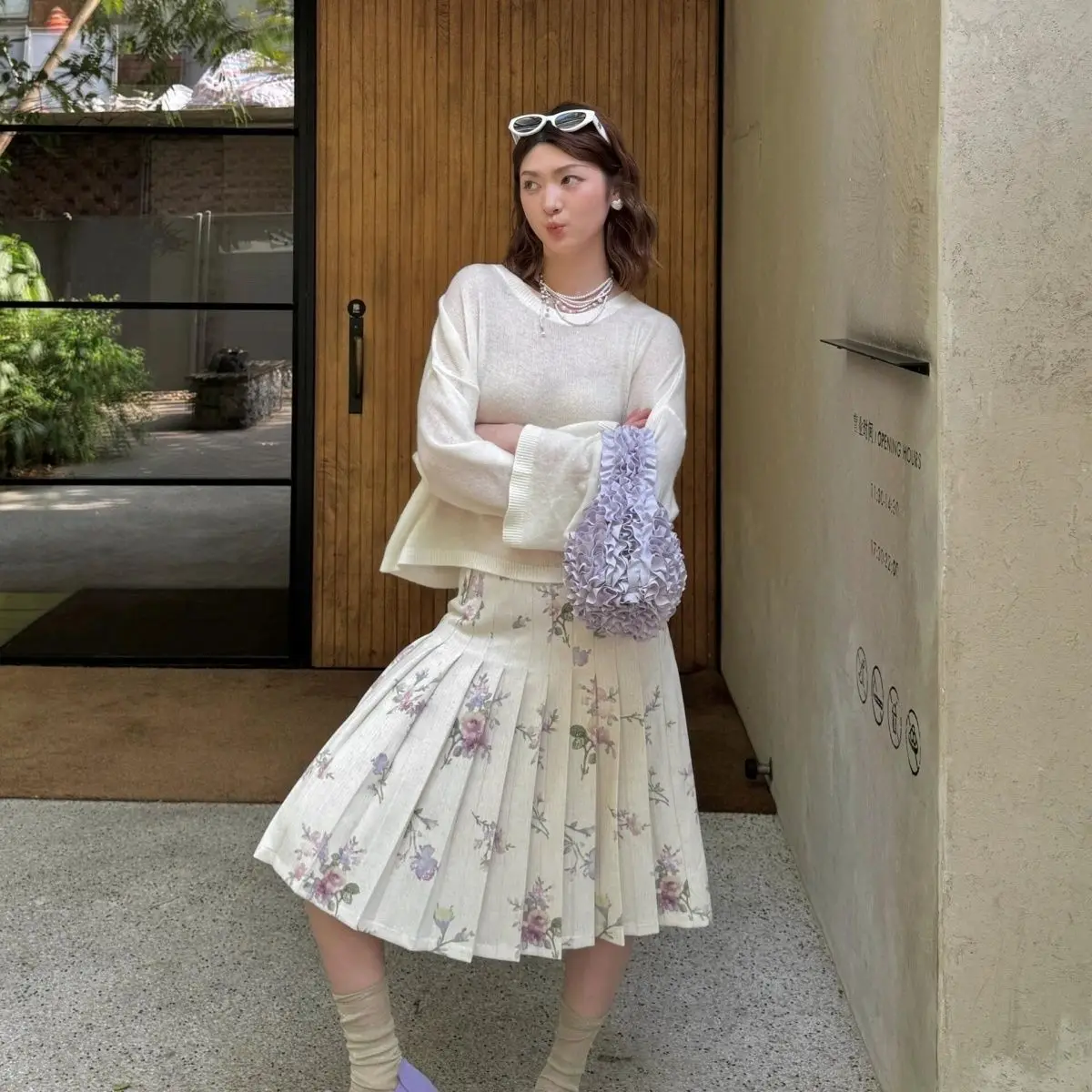 Retro Floral Pleated Skirt Women's Summer Low-rise A-shaped Skirt