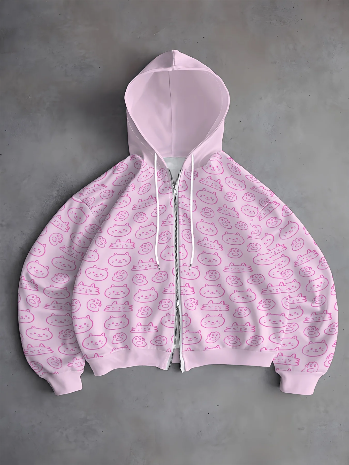 Y2K Pink Full Print Zip Up Hoodie Women Oversized Casual Hooded Cute Animal Abstract Doodle Striped Graphic Sweatshirt