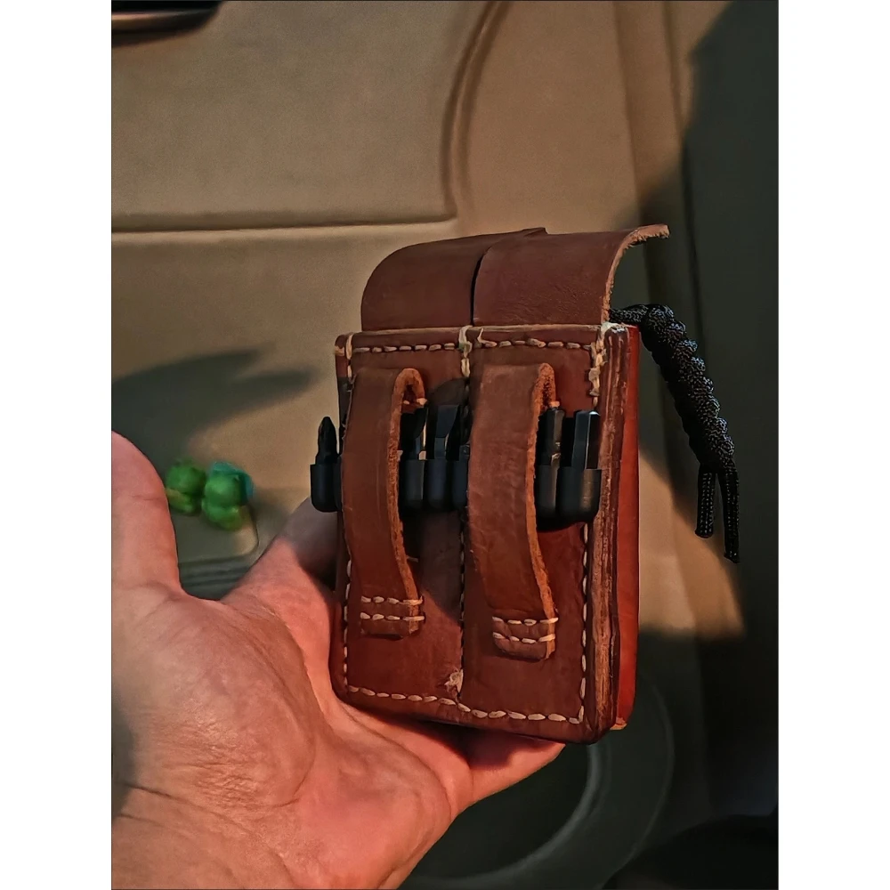 70er Vintage Doppelfach-Organizer-Tasche Handgefertigtes EDC-Werkzeug-Gürtelholster Doppelschichtige Messerscheide für Klappmesser – Detail 5
