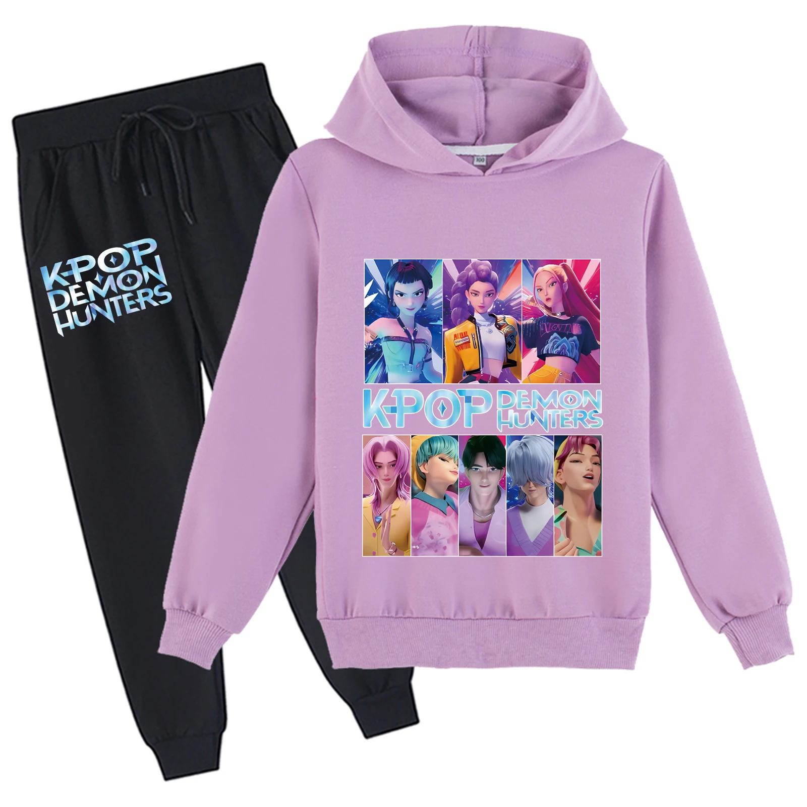 Completi da 2 pezzi unisex per bambini Kpop Demon Hunters Top alla moda e pantaloni lunghi, felpe con cappuccio a maniche lunghe autunnali per 2-14 anni