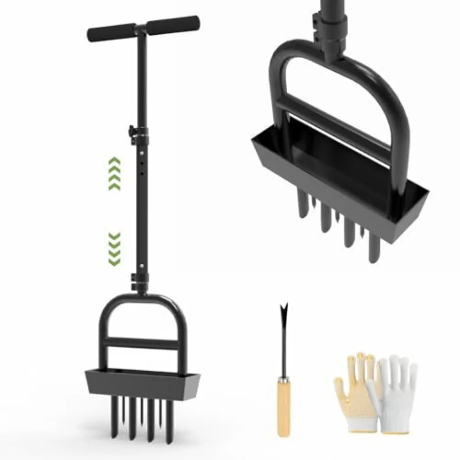 COZEER Lawn Aerator Tool with 4 Hollow Tines and 3 Spike Tines, Aerator Lawn Tool with Soil Core Storage Tray, Grass Aerator fo