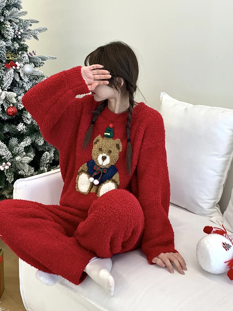 Christmas Cute Bear Red Pajama Sets Women\'s Winter Warm Sweet Round Collar Pullover Coral Fleece Loungewear Pink Fashion